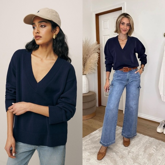 REFORMATION Sienna Navy Cotton V Neck Sweater XS - Picture 1 of 6